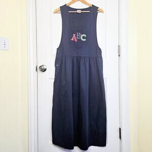 Vintage 90s ABCs Apples Teacher Maxi Dress Jumper Gingham Navy Size M Embroidery